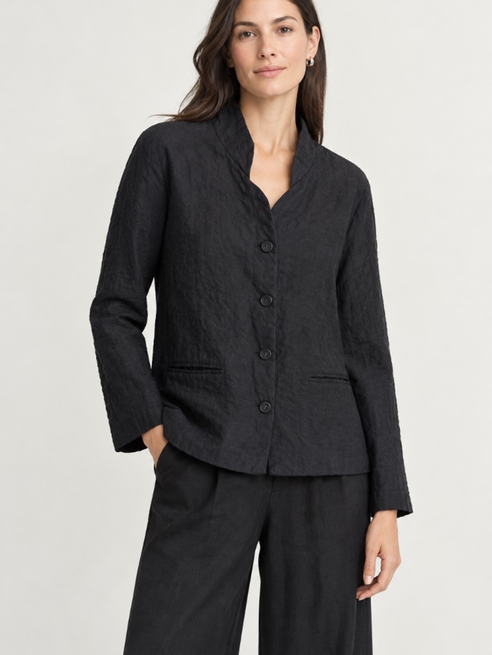 Eileen Fisher 100% Cotton Black Band Collar Button Front Jacket Size M
